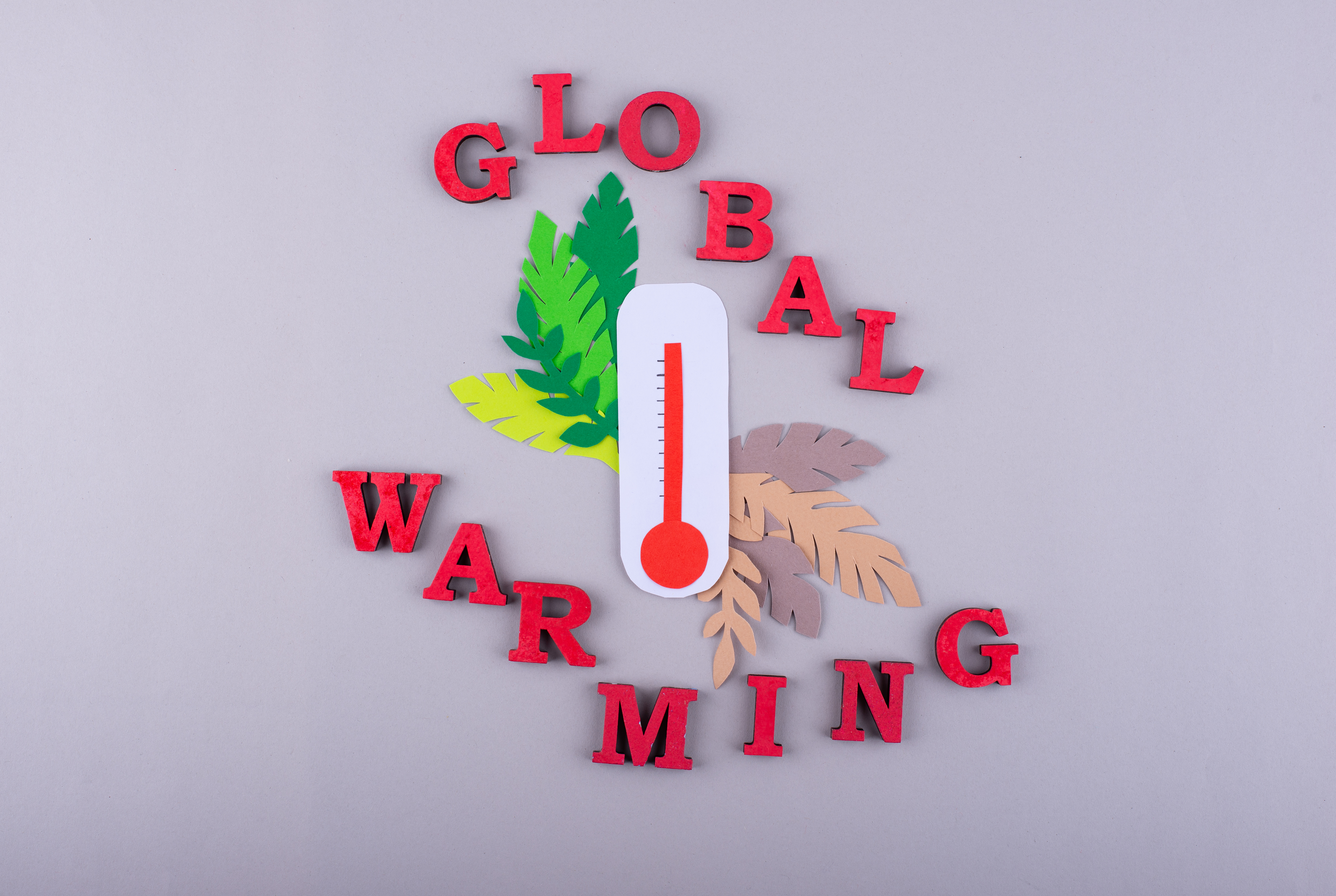"GLOBAL WARMING" spelled out in letters around a red thermometer and leaves